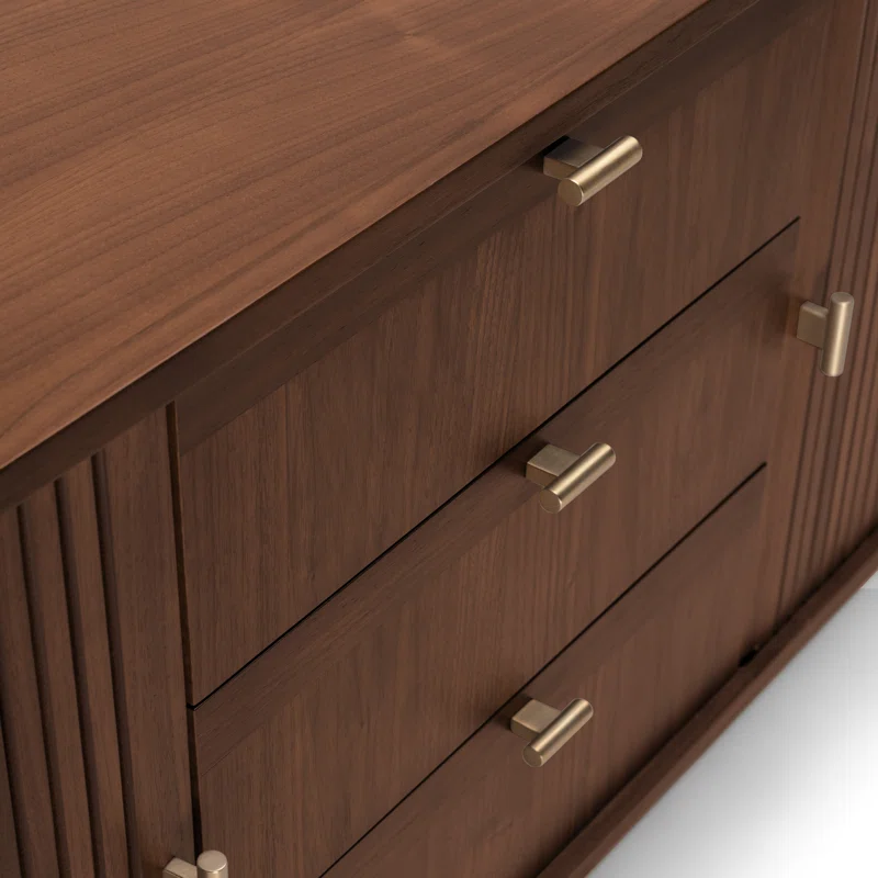 Sideboard TV Stand with sliding tambour doors, teak wood body, and brass trim design Sideboard TV Stand with sliding tambour doors, teak wood body, and brass trim design