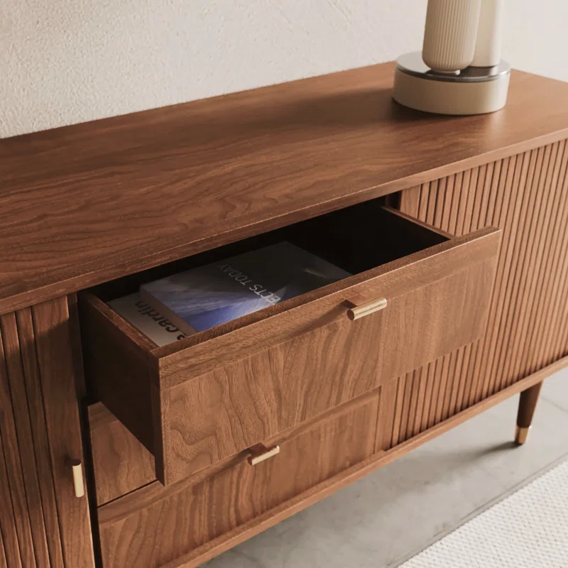Sideboard TV Stand with sliding tambour doors, teak wood body, and brass trim design Sideboard TV Stand with sliding tambour doors, teak wood body, and brass trim design