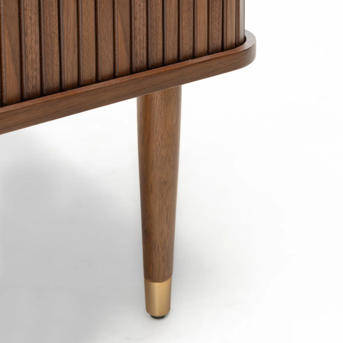 Sideboard TV Stand with sliding tambour doors, teak wood body, and brass trim design Sideboard TV Stand with sliding tambour doors, teak wood body, and brass trim design