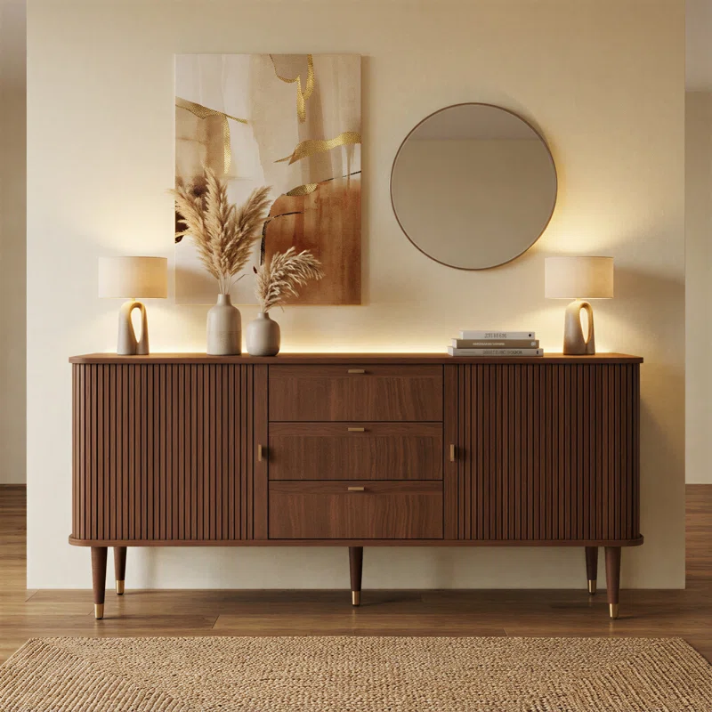 Sideboard TV Stand with sliding tambour doors, teak wood body, and brass trim design