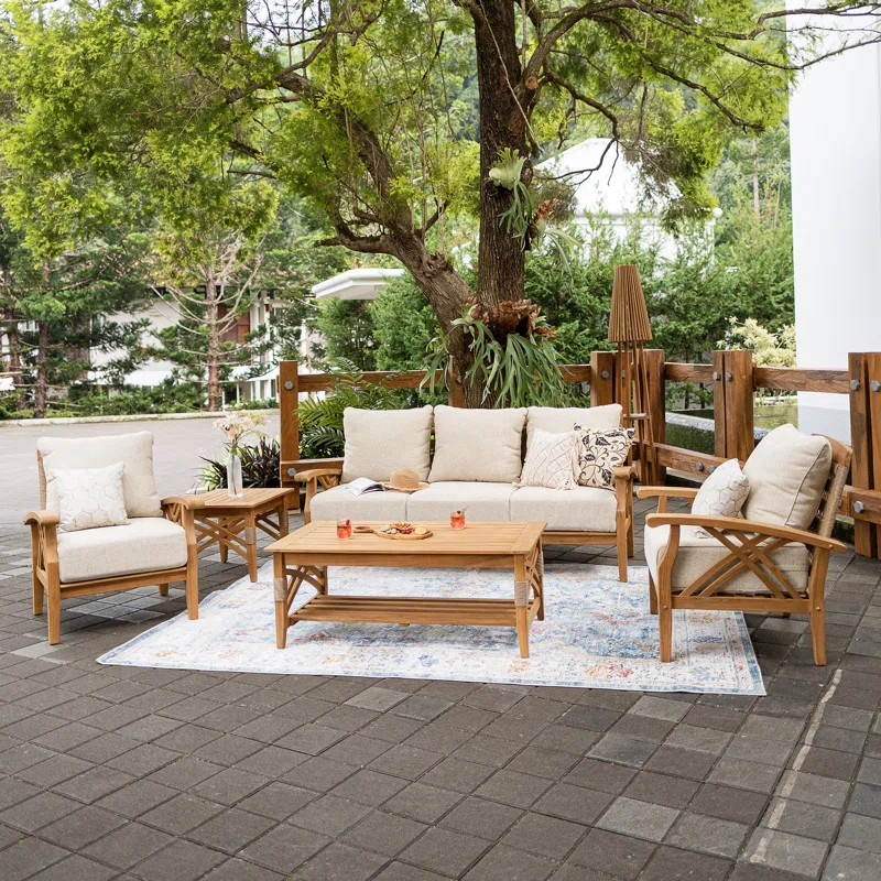 5 person teak outdoor seating group with cushions and solid wood frame
