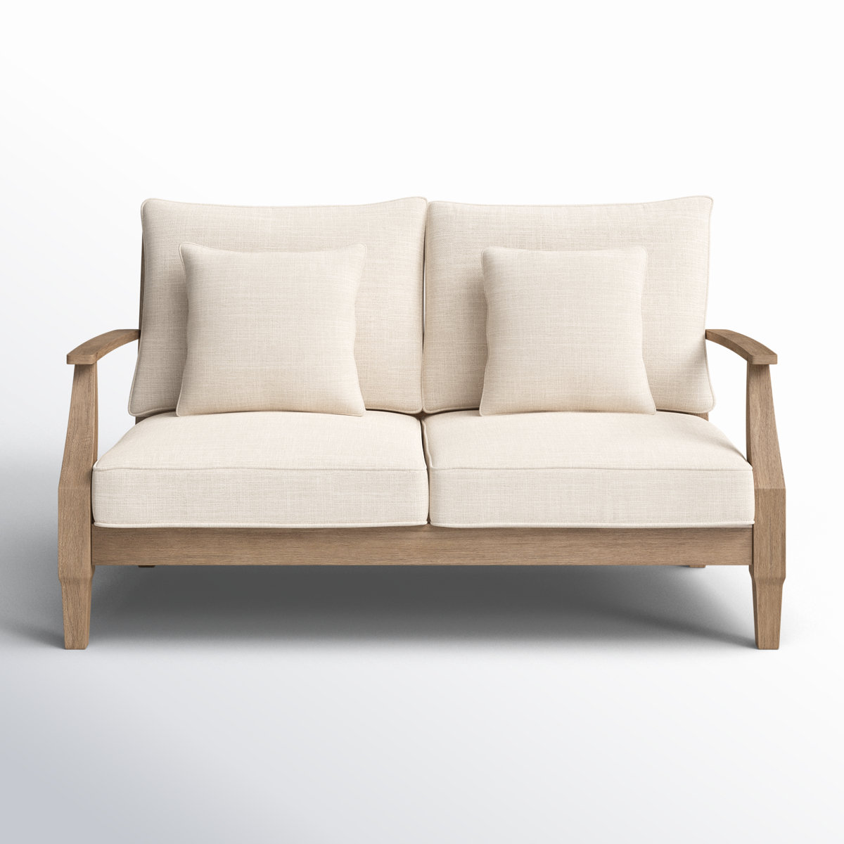 Eucalyptus outdoor sofa set featuring a sofa, loveseat, club chair, and slatted coffee table with dark brown cushions and natural wood finish