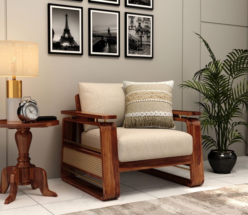 Cane sofa set 3+1+1 with Sheesham wood frame, cane panels, teak finish, and brass detailing