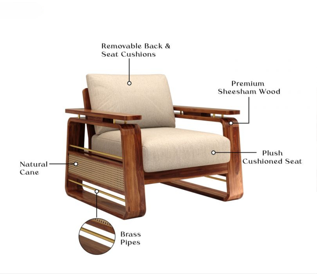 Cane sofa set 3+1+1 with Sheesham wood frame, cane panels, teak finish, and brass detailing