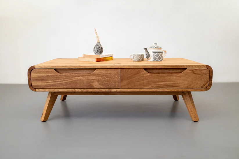 Natural modern coffee table in teak wood with two drawers and natural brown finish
