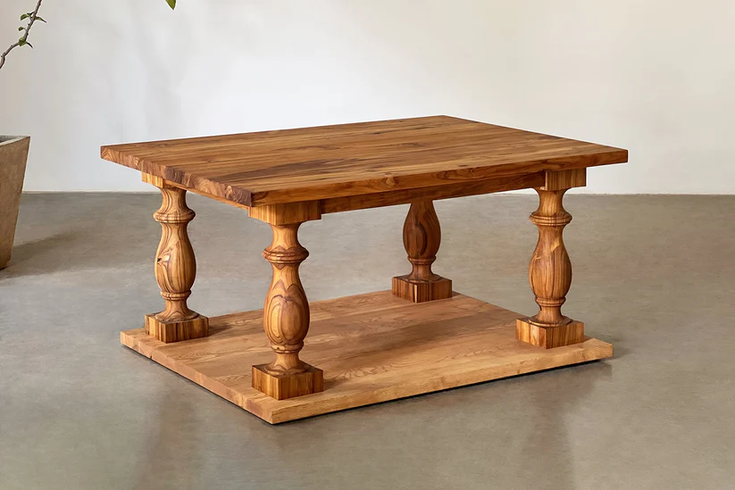 Natural antique coffee table in solid teak wood with natural brown finish