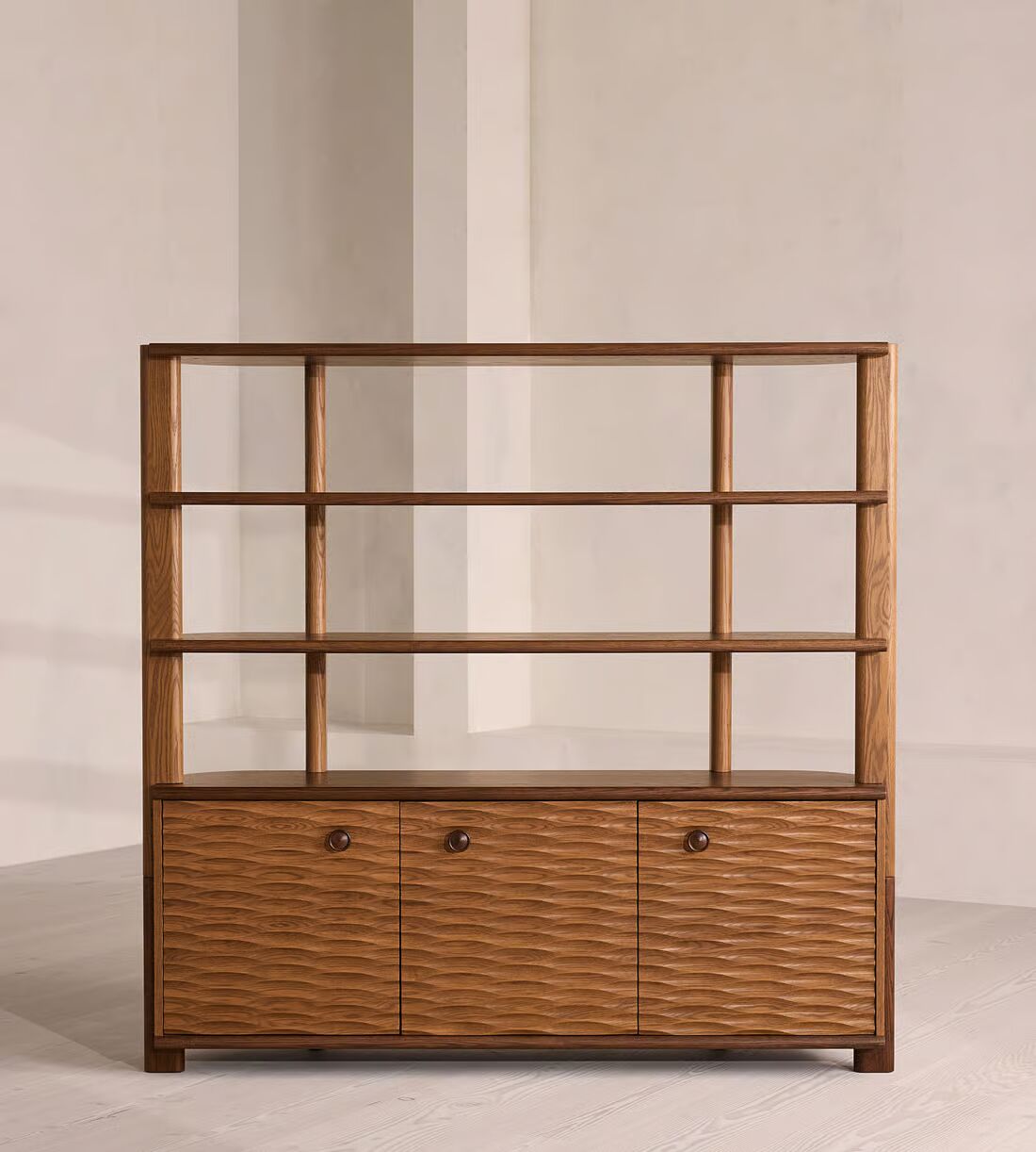 Cove Shelving Unit in solid teak wood with natural brown finish Cove Shelving Unit in solid teak wood with natural brown finish