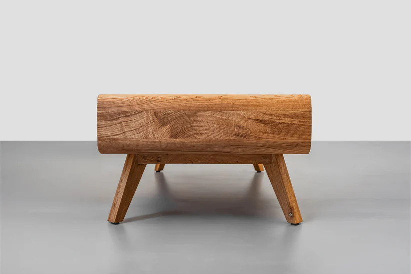 Natural modern coffee table in teak wood with two drawers and natural brown finish Natural modern coffee table in teak wood with two drawers and natural brown finish