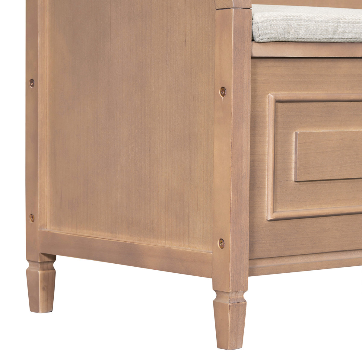 Rustic teak wood storage bench with cotton canvas cushion and hidden storage compartment