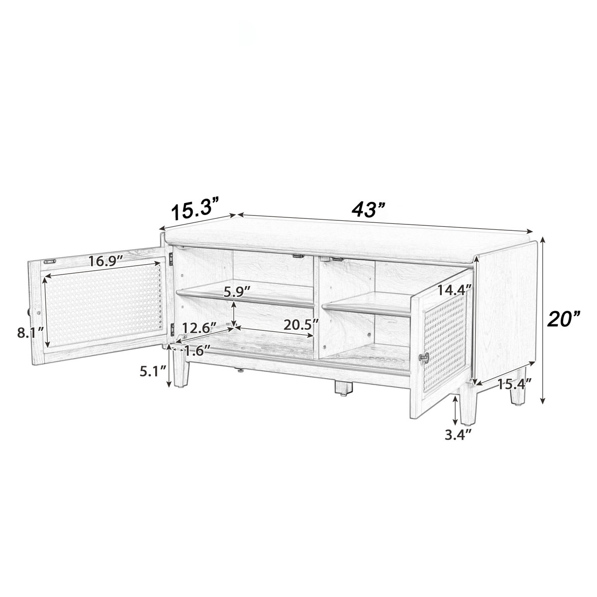 Teak wood shoe bench with natural cane cushion and two storage doors, shown in a modern entryway.