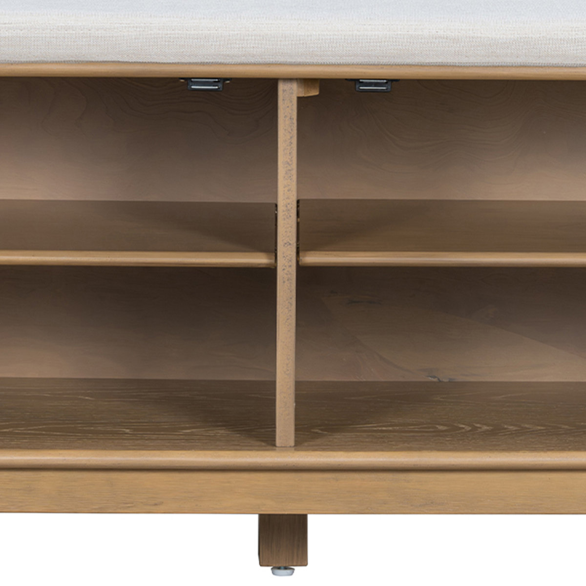 Teak wood shoe bench with natural cane cushion and two storage doors, shown in a modern entryway.