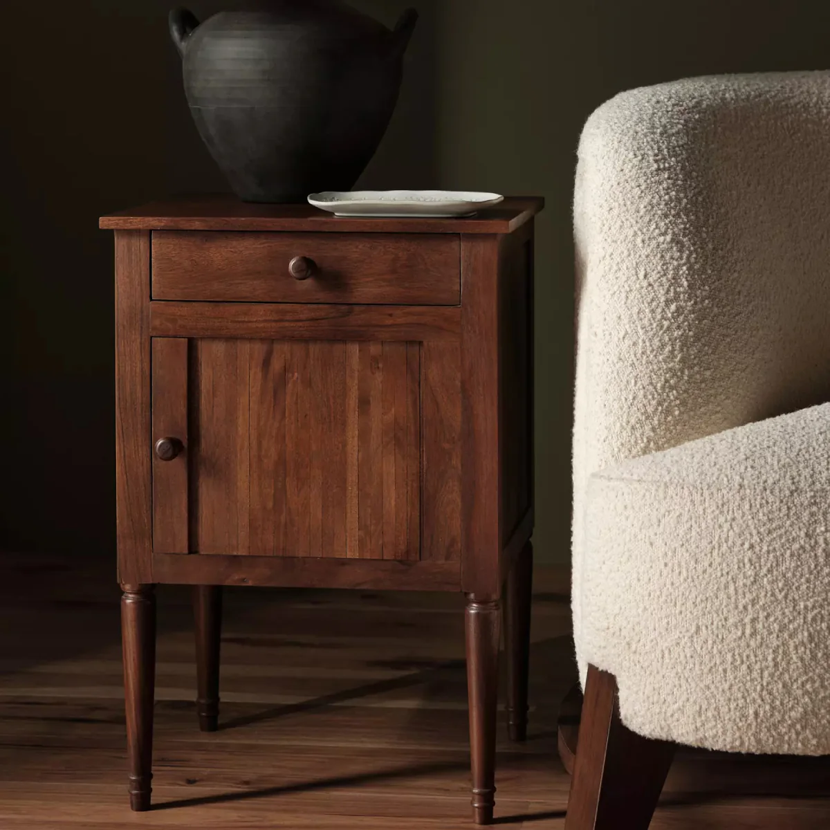 Vintage bed side table in teak wood with natural brown finish and drawer