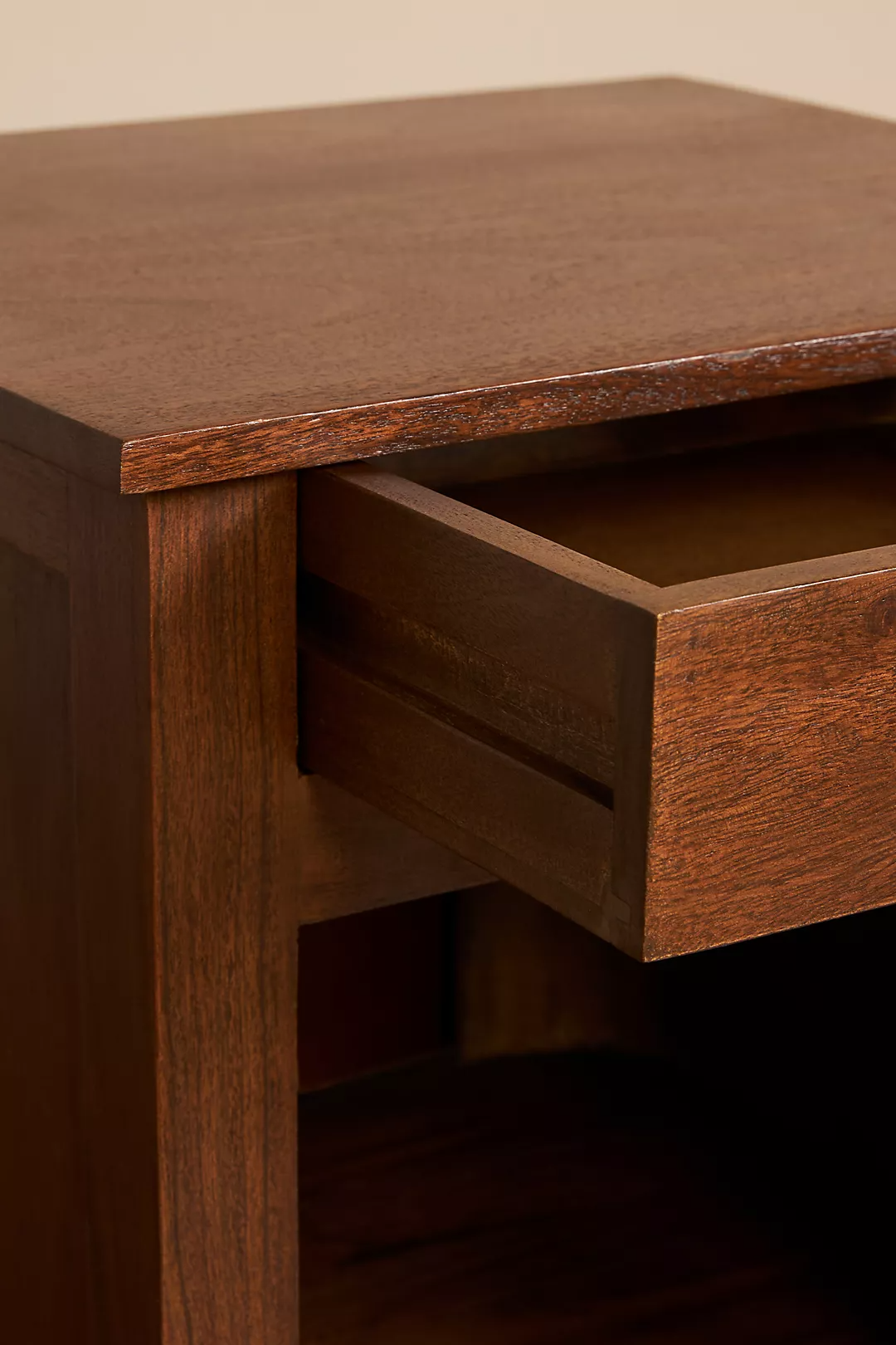 Vintage bed side table in teak wood with natural brown finish and drawer