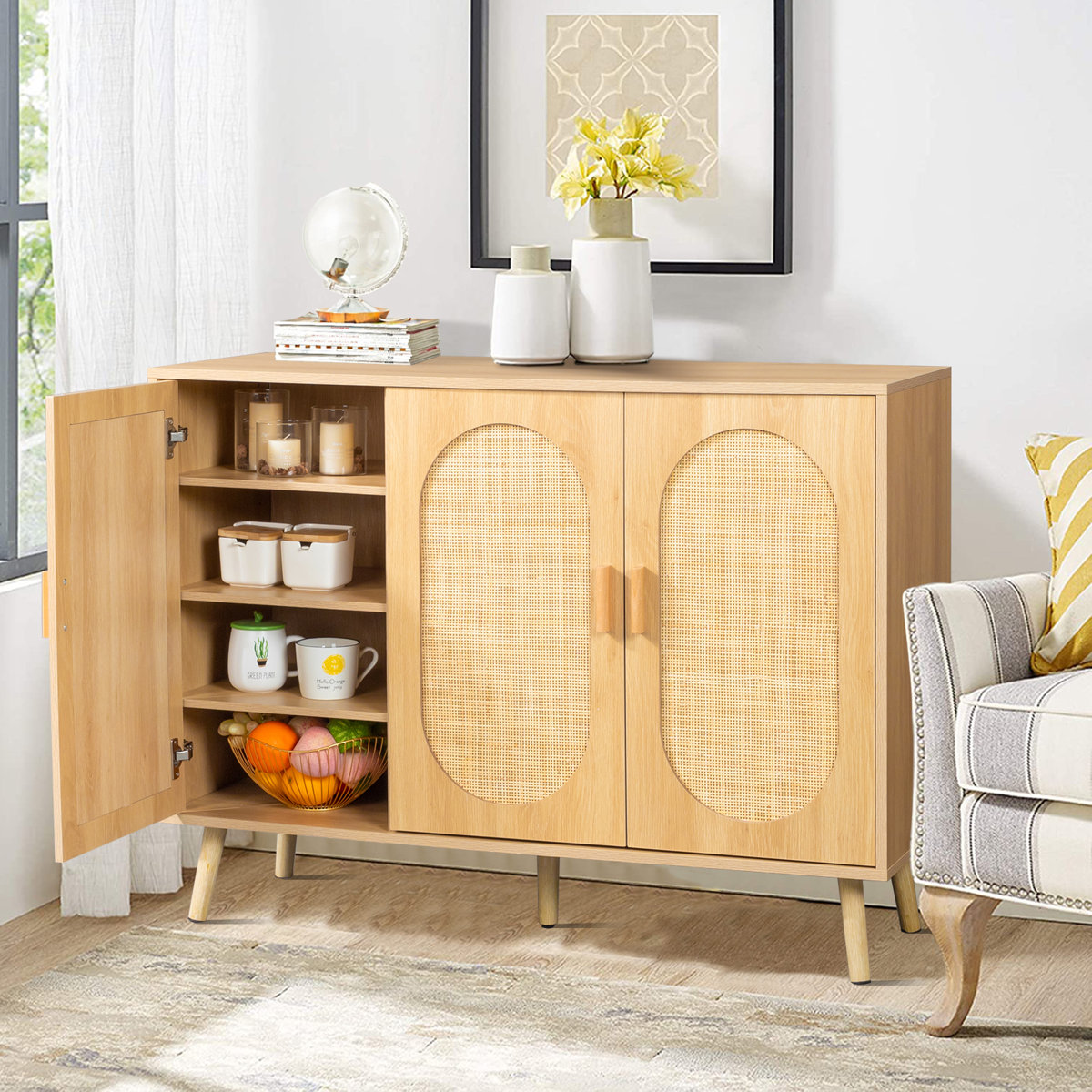 Bohemian style freestanding shoe cabinet with natural rattan veneer and teak wood frame, showing eight storage compartments.