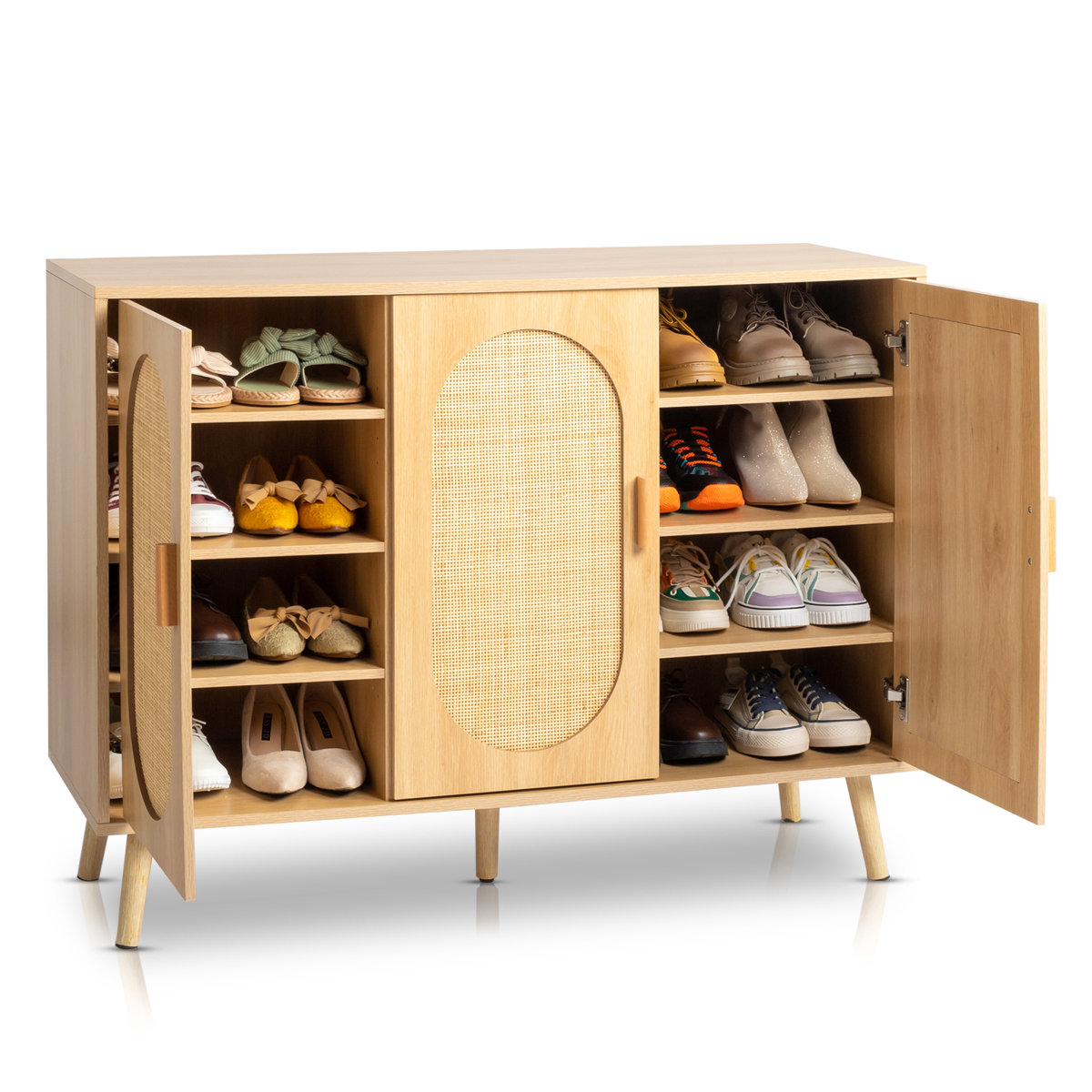Bohemian style freestanding shoe cabinet with natural rattan veneer and teak wood frame, showing eight storage compartments.