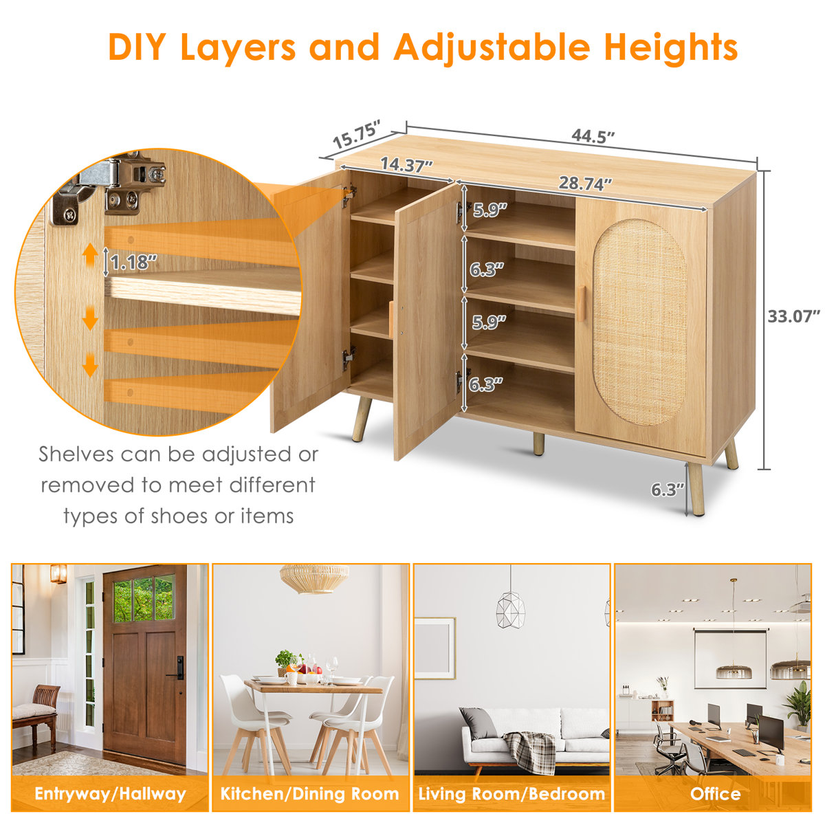 Bohemian style freestanding shoe cabinet with natural rattan veneer and teak wood frame, showing eight storage compartments.