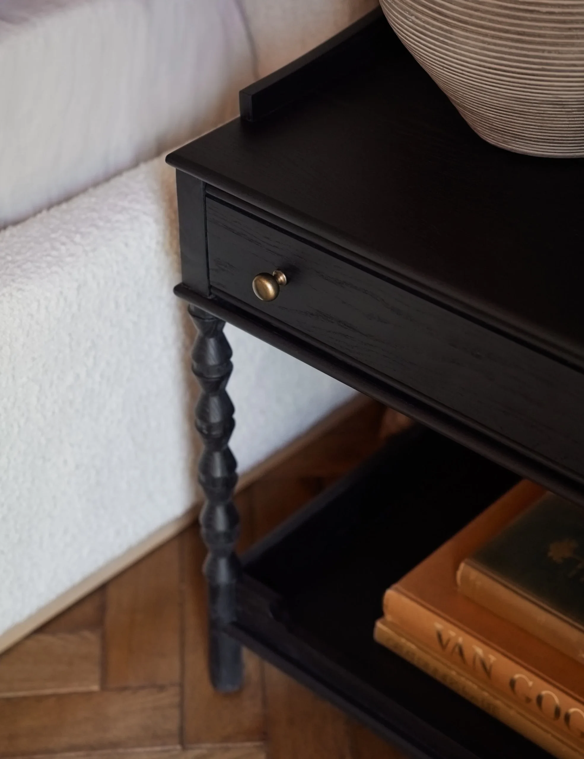 Black bedside table in solid teak wood with black finish Black bedside table in solid teak wood with black finish