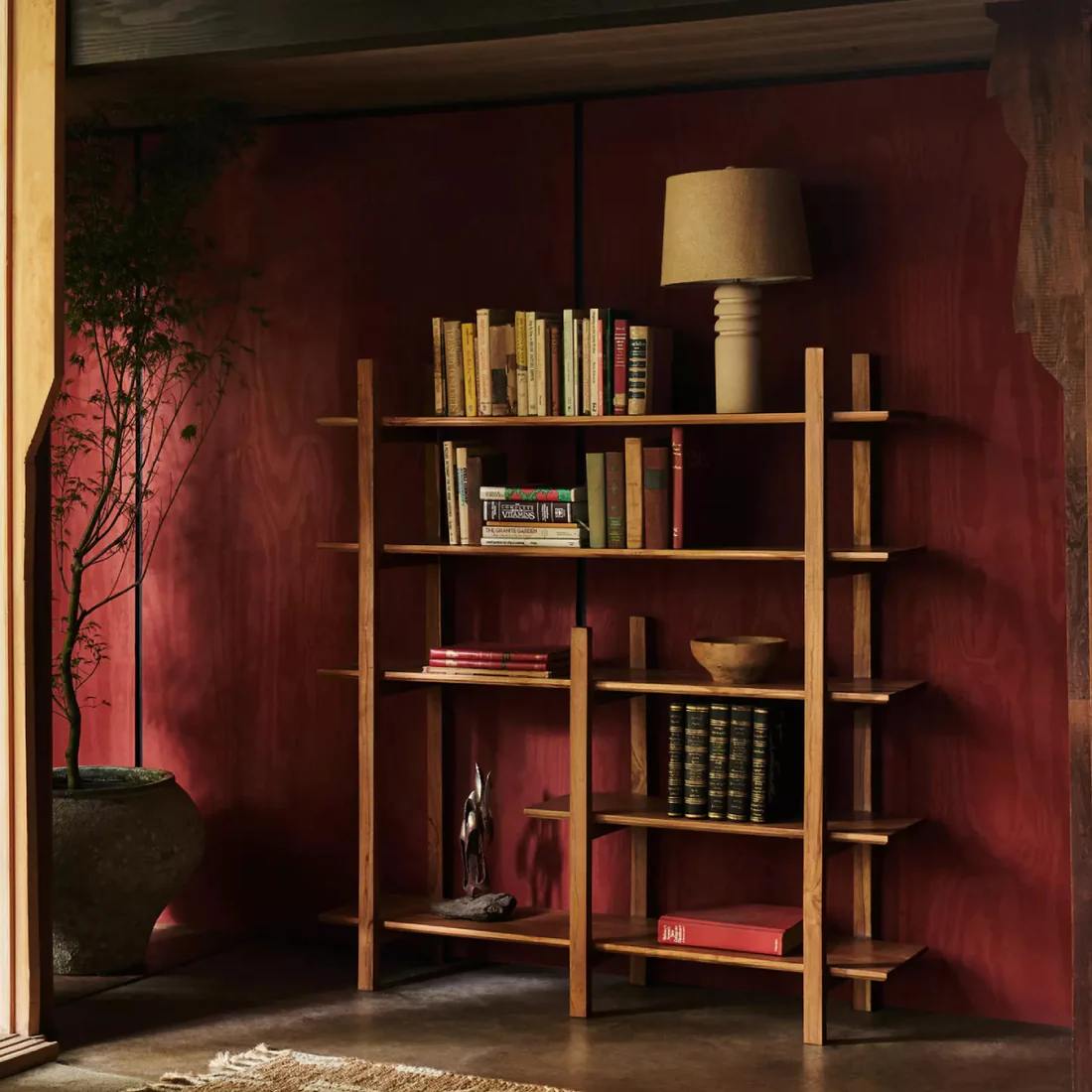 Wooden bookshelf in solid teak wood with five shelves and natural brown finish