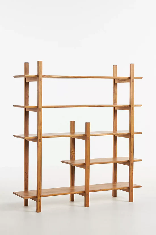 Wooden bookshelf in solid teak wood with five shelves and natural brown finish Wooden bookshelf in solid teak wood with five shelves and natural brown finish