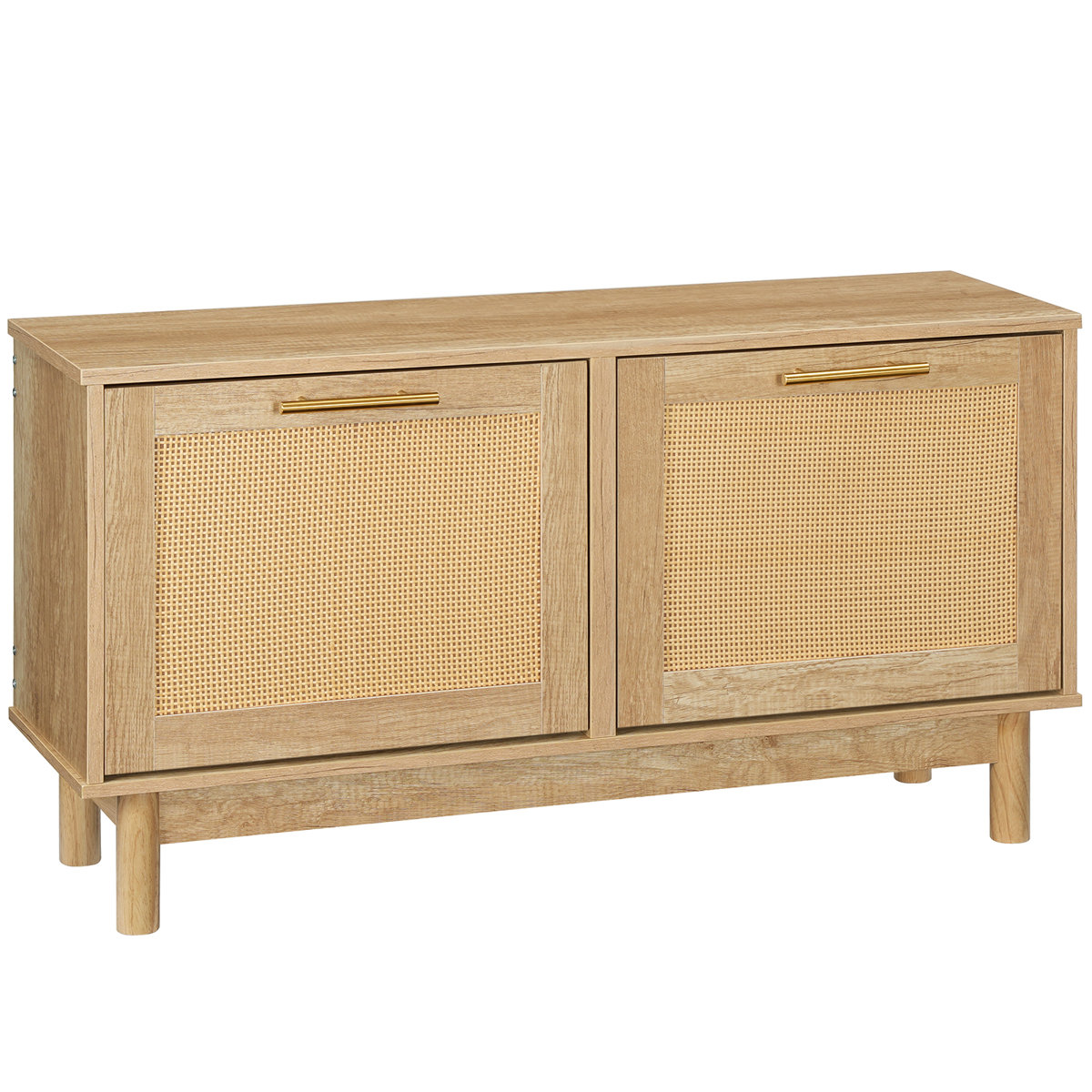 Teak wood shoe bench with dual tipping buckets and natural cane detailing, featuring an integrated seat