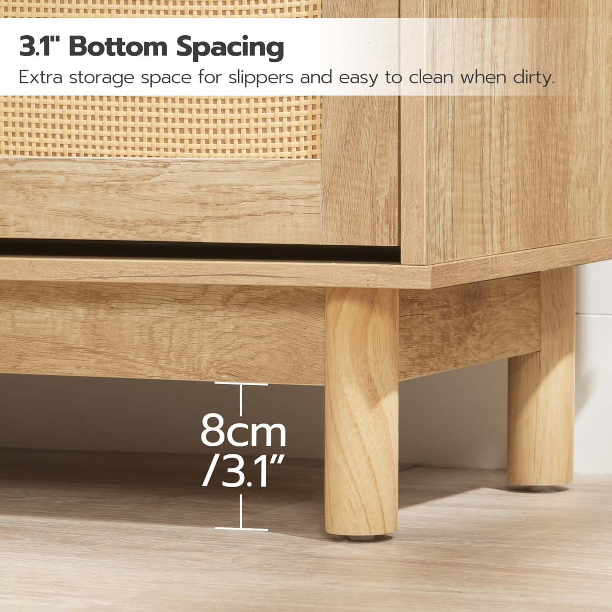 Teak wood shoe bench with dual tipping buckets and natural cane detailing, featuring an integrated seat