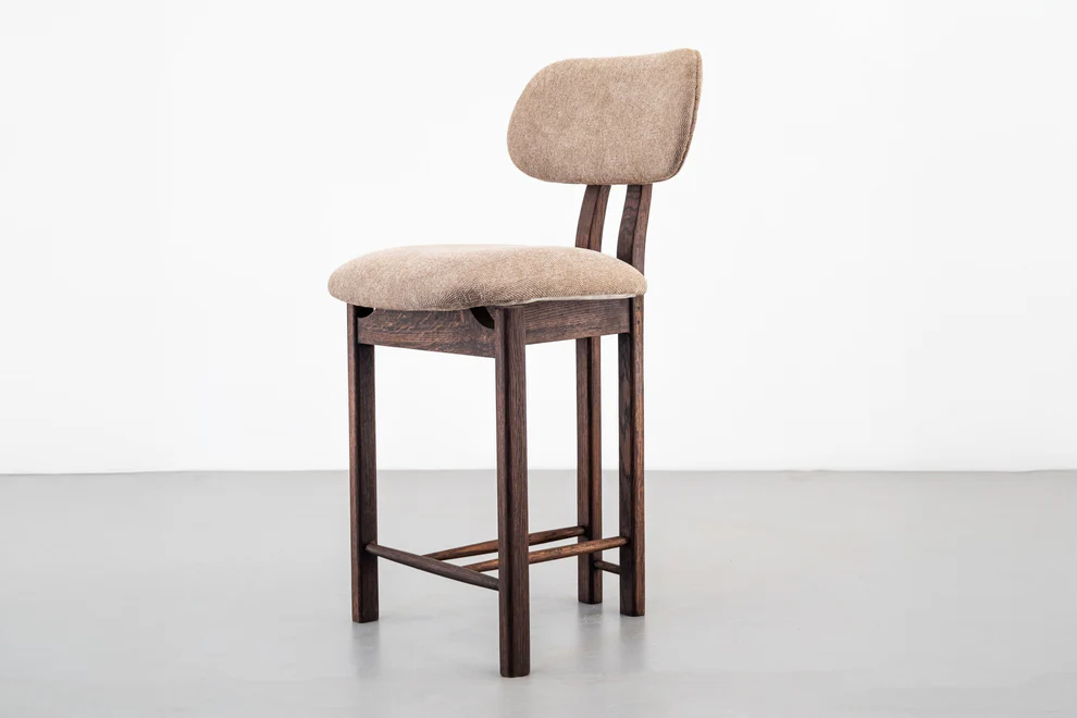 Teak wood bar stool with cotton canvas seat and dark brown finish
