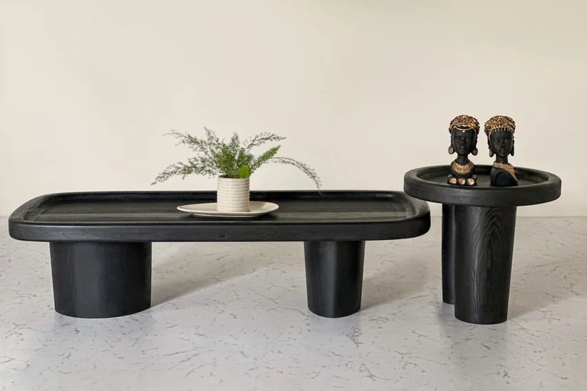 Black stained coffee table set in solid teak wood with big and small tables