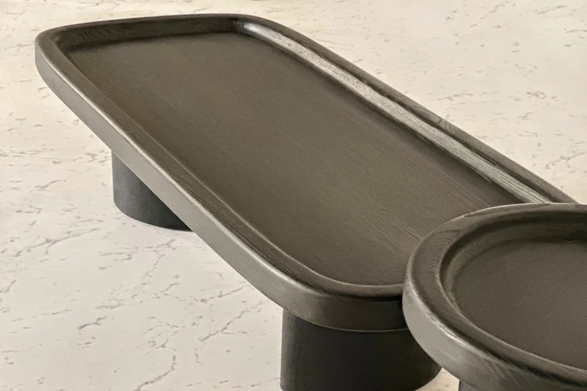 Black stained coffee table set in solid teak wood with big and small tables Black stained coffee table set in solid teak wood with big and small tables