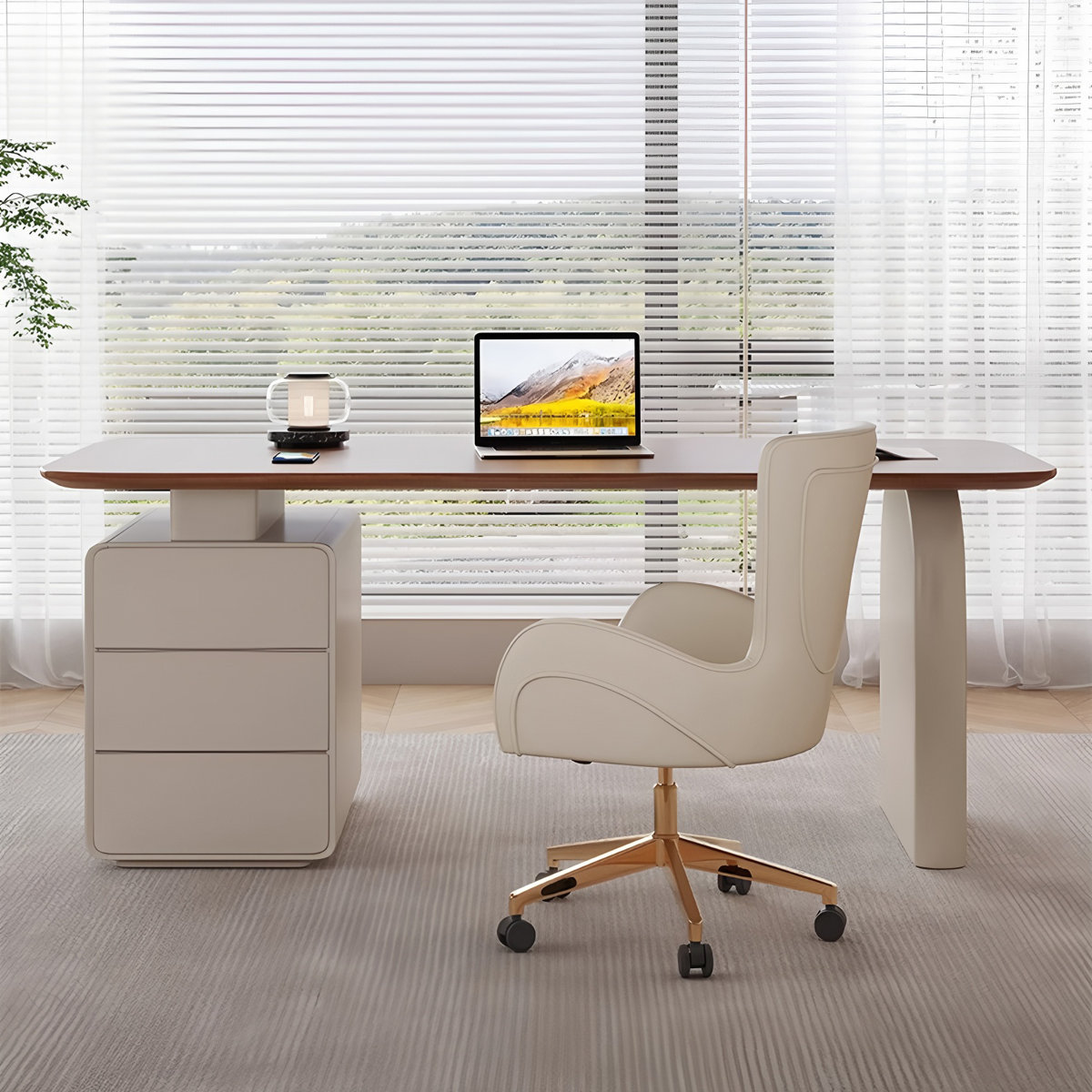 Modern teak wood office desk with thick surface and three-drawer cabinet in a neutral minimalist style.