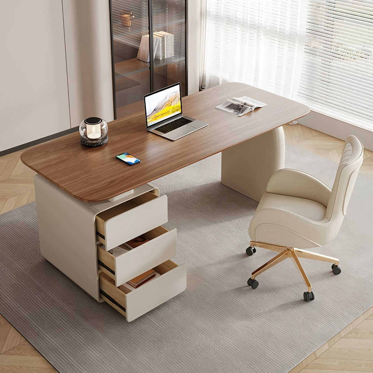 Modern teak wood office desk with thick surface and three-drawer cabinet in a neutral minimalist style.