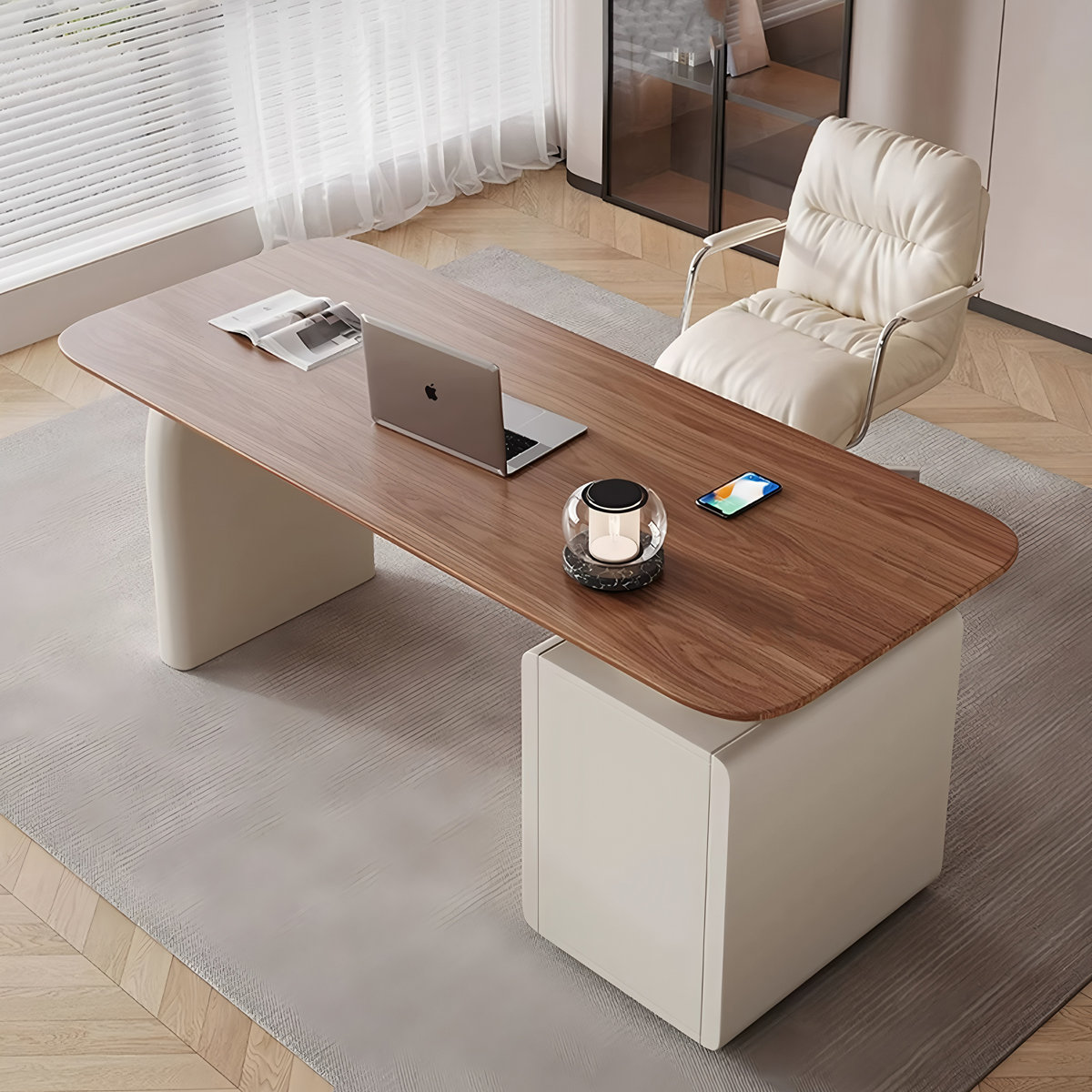 Modern teak wood office desk with thick surface and three-drawer cabinet in a neutral minimalist style.