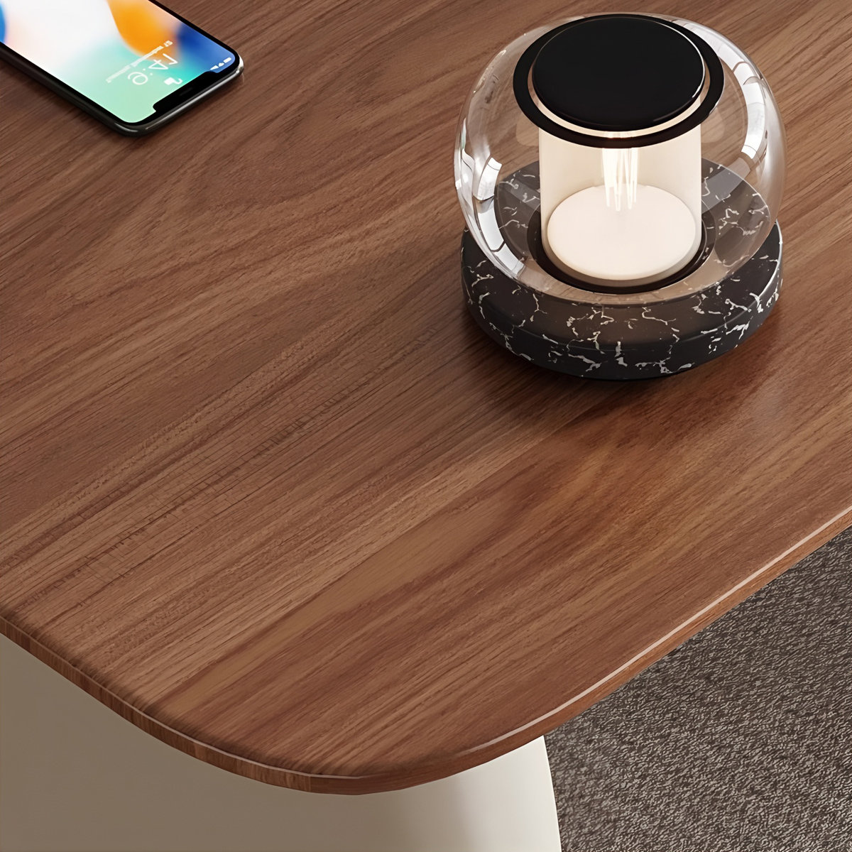 Modern teak wood office desk with thick surface and three-drawer cabinet in a neutral minimalist style.