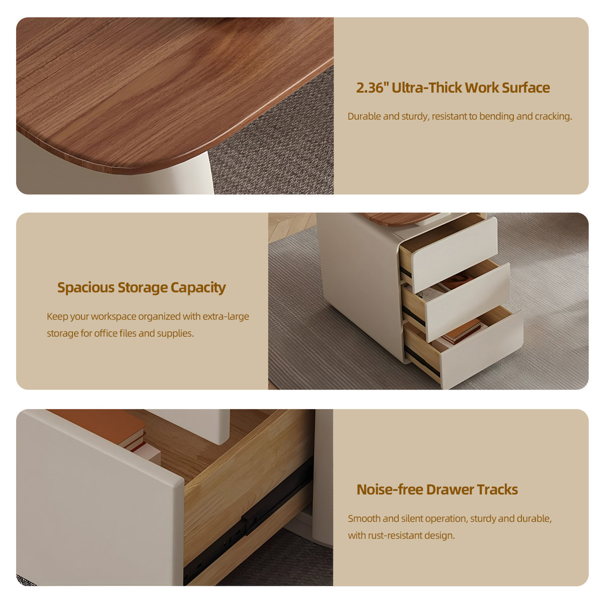 Modern teak wood office desk with thick surface and three-drawer cabinet in a neutral minimalist style.