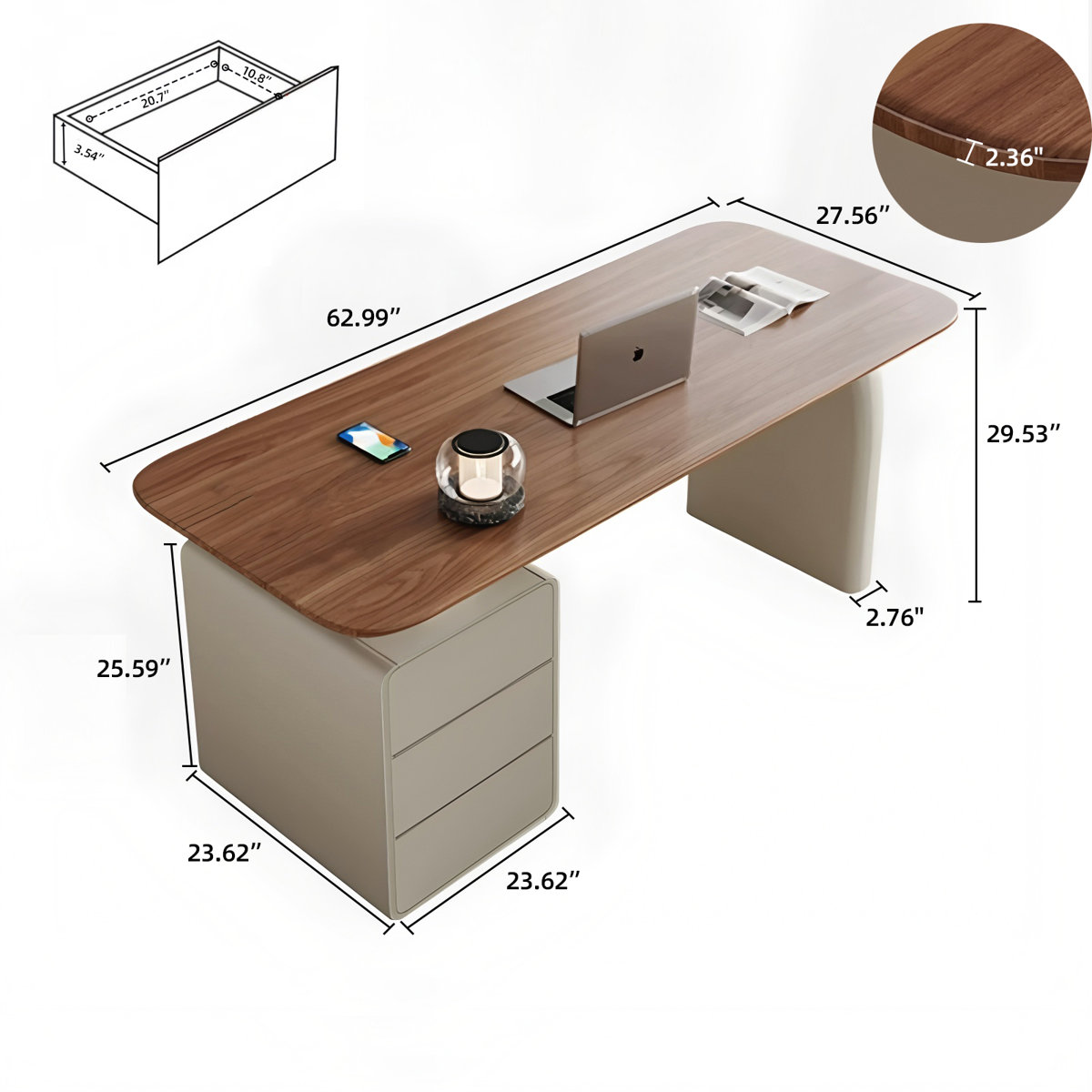 Modern teak wood office desk with thick surface and three-drawer cabinet in a neutral minimalist style.