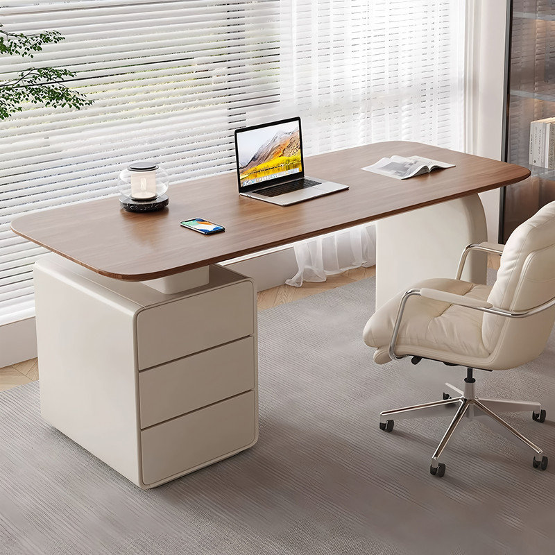 Modern teak wood office desk with thick surface and three-drawer cabinet in a neutral minimalist style.