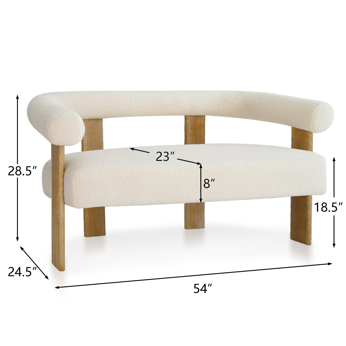 Mid-century style teak wood loveseat with soft boucle fabric upholstery, rounded arms, and splayed legs in a neutral setting. Mid-century style teak wood loveseat with soft boucle fabric upholstery, rounded arms, and splayed legs in a neutral setting.