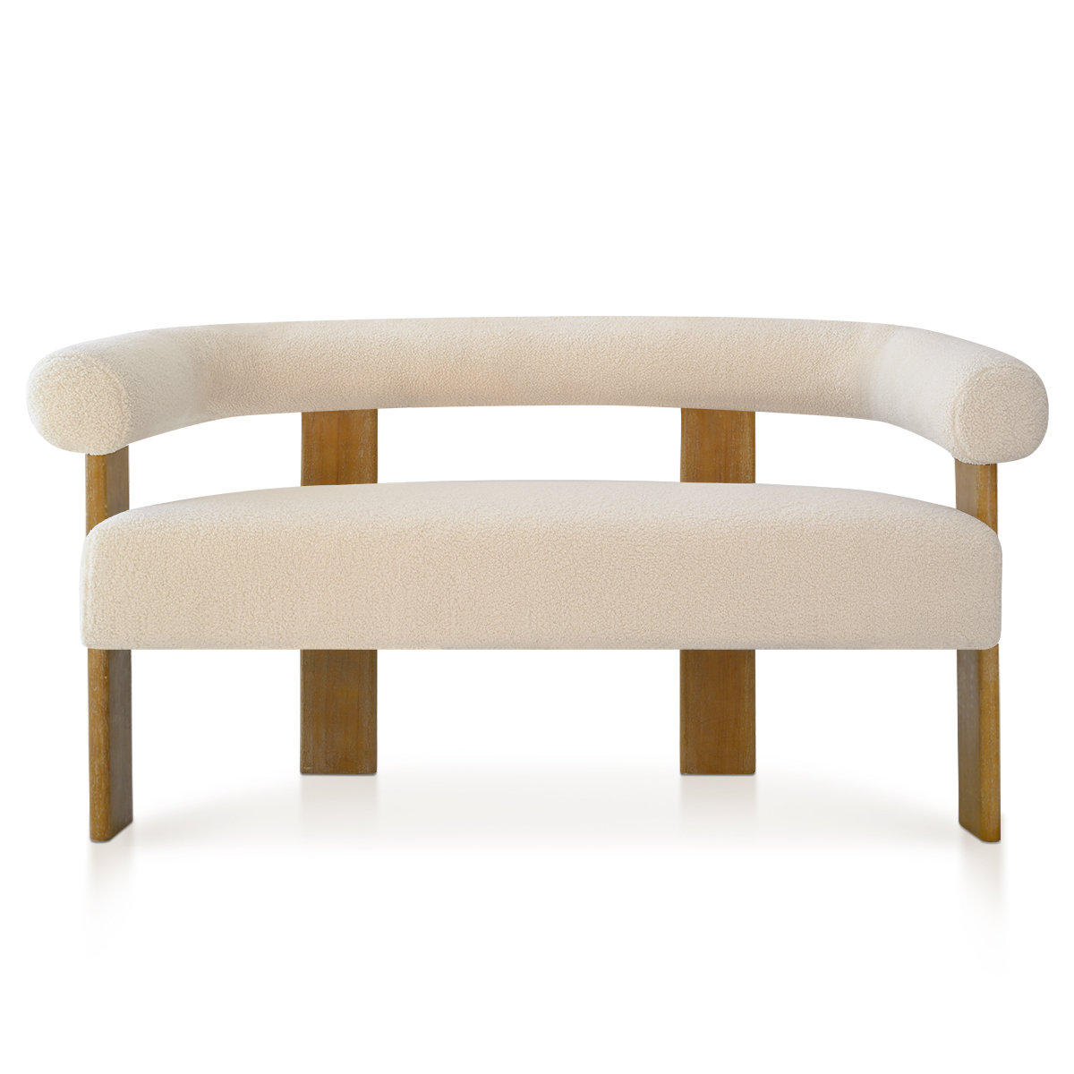 Mid-century style teak wood loveseat with soft boucle fabric upholstery, rounded arms, and splayed legs in a neutral setting. Mid-century style teak wood loveseat with soft boucle fabric upholstery, rounded arms, and splayed legs in a neutral setting.