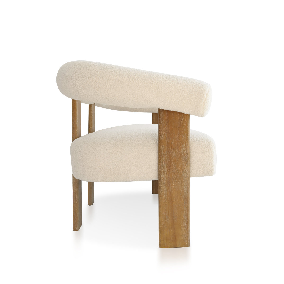 Mid-century style teak wood loveseat with soft boucle fabric upholstery, rounded arms, and splayed legs in a neutral setting. Mid-century style teak wood loveseat with soft boucle fabric upholstery, rounded arms, and splayed legs in a neutral setting.