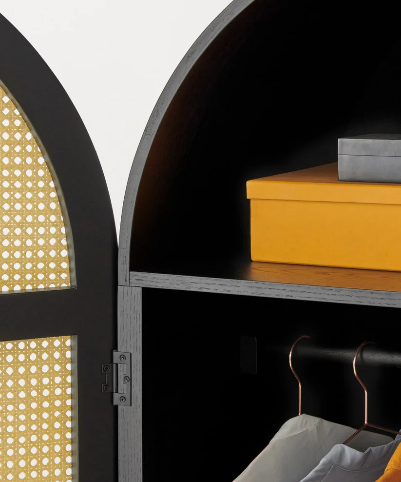 Rattan black solid wood wardrobe in teak wood and cane finish