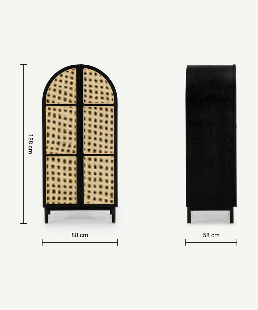 Rattan black solid wood wardrobe in teak wood and cane finish