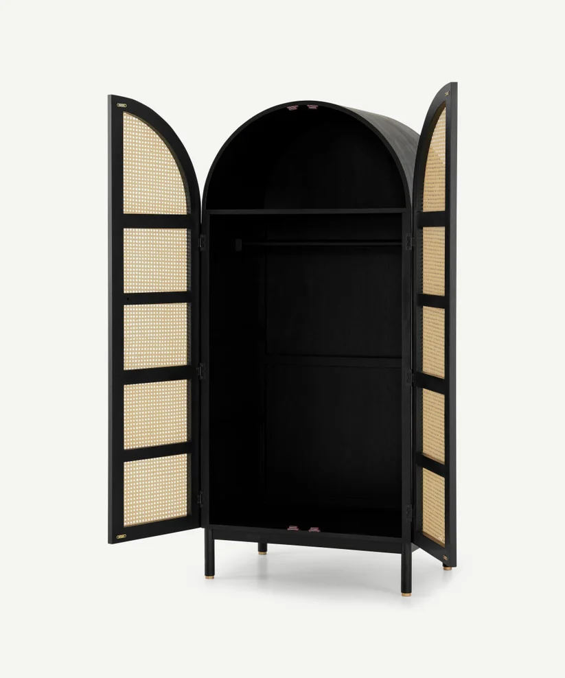 Rattan black solid wood wardrobe in teak wood and cane finish