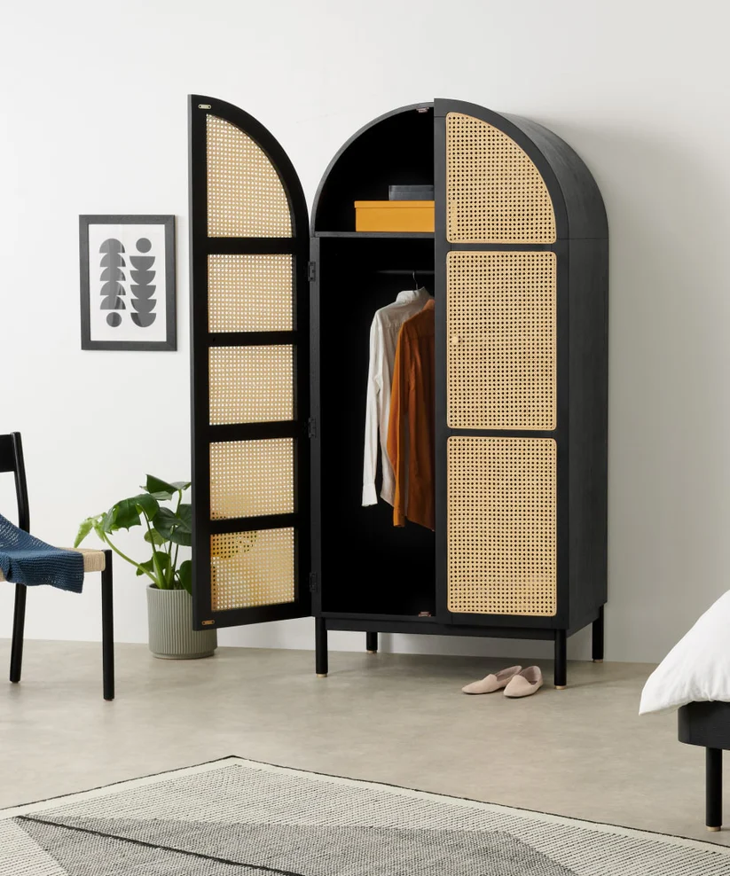 Rattan black solid wood wardrobe in teak wood and cane finish