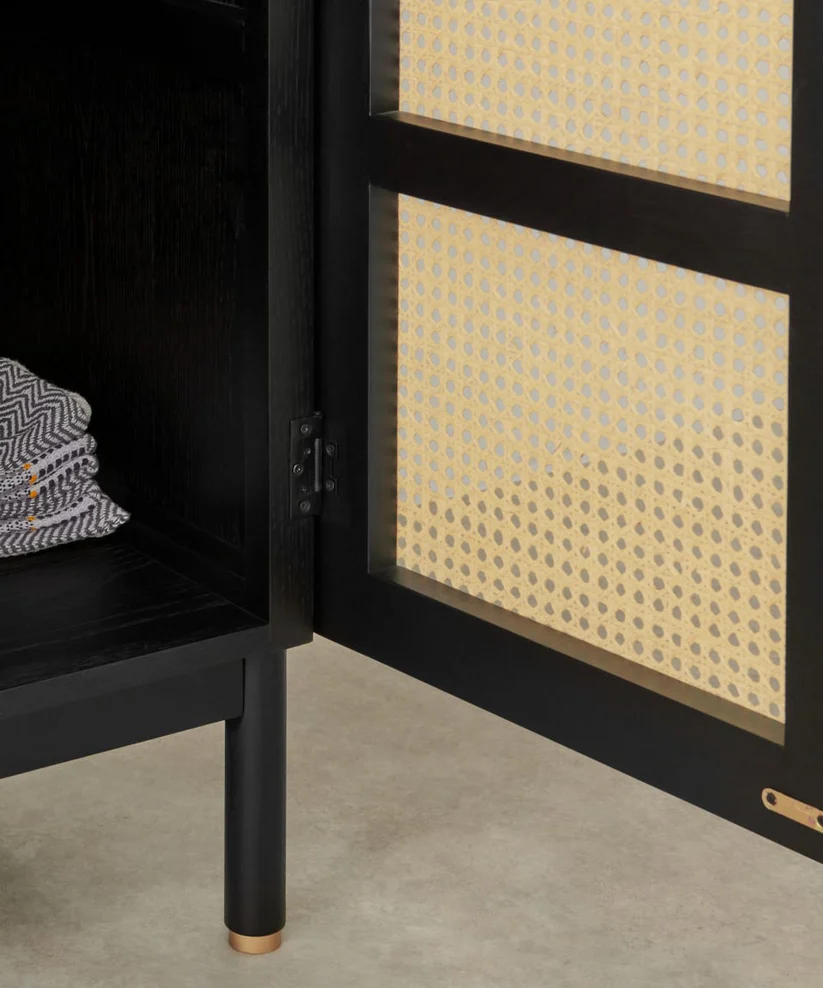 Rattan black solid wood wardrobe in teak wood and cane finish