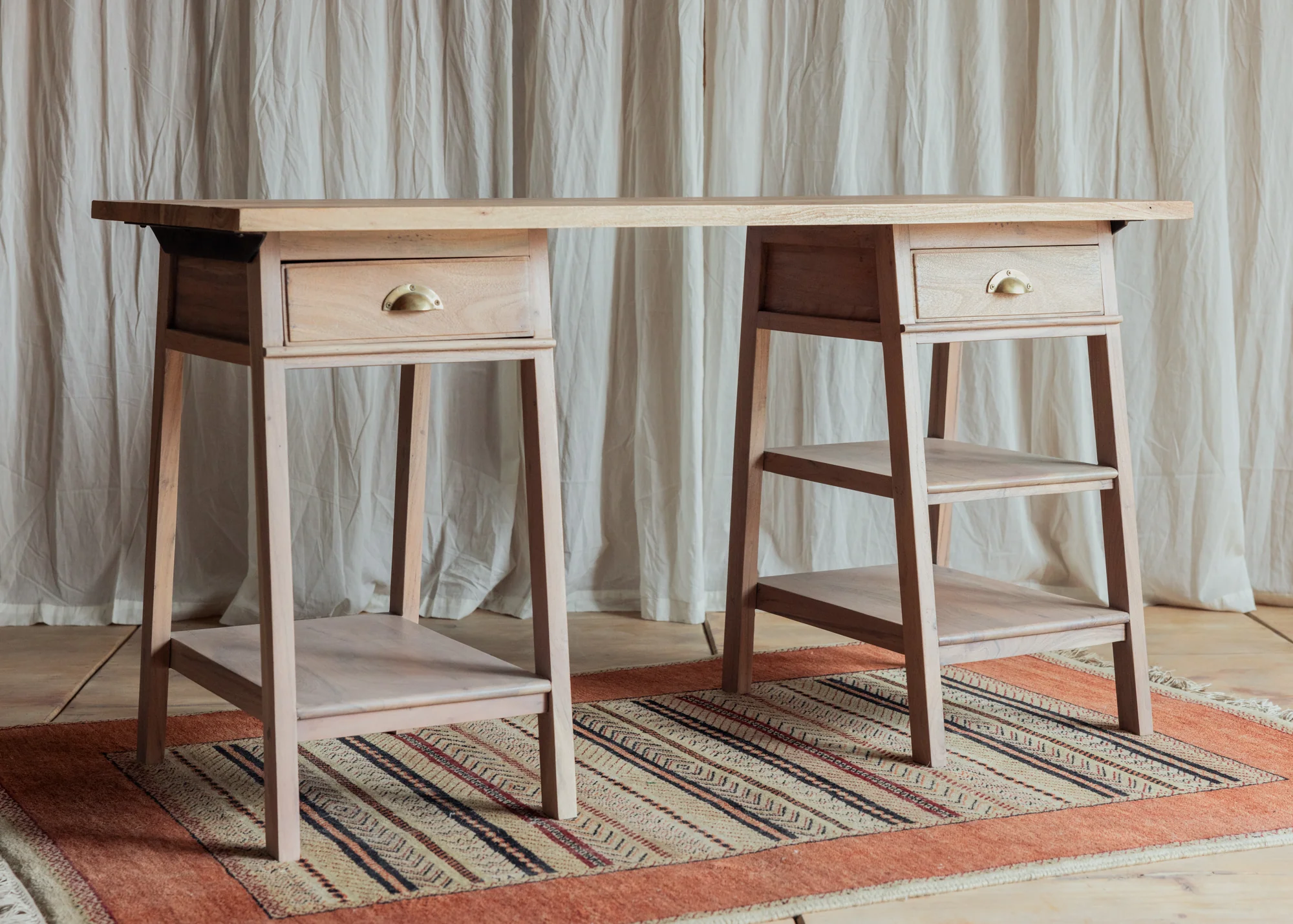 Study desk in solid teak wood with natural brown finish