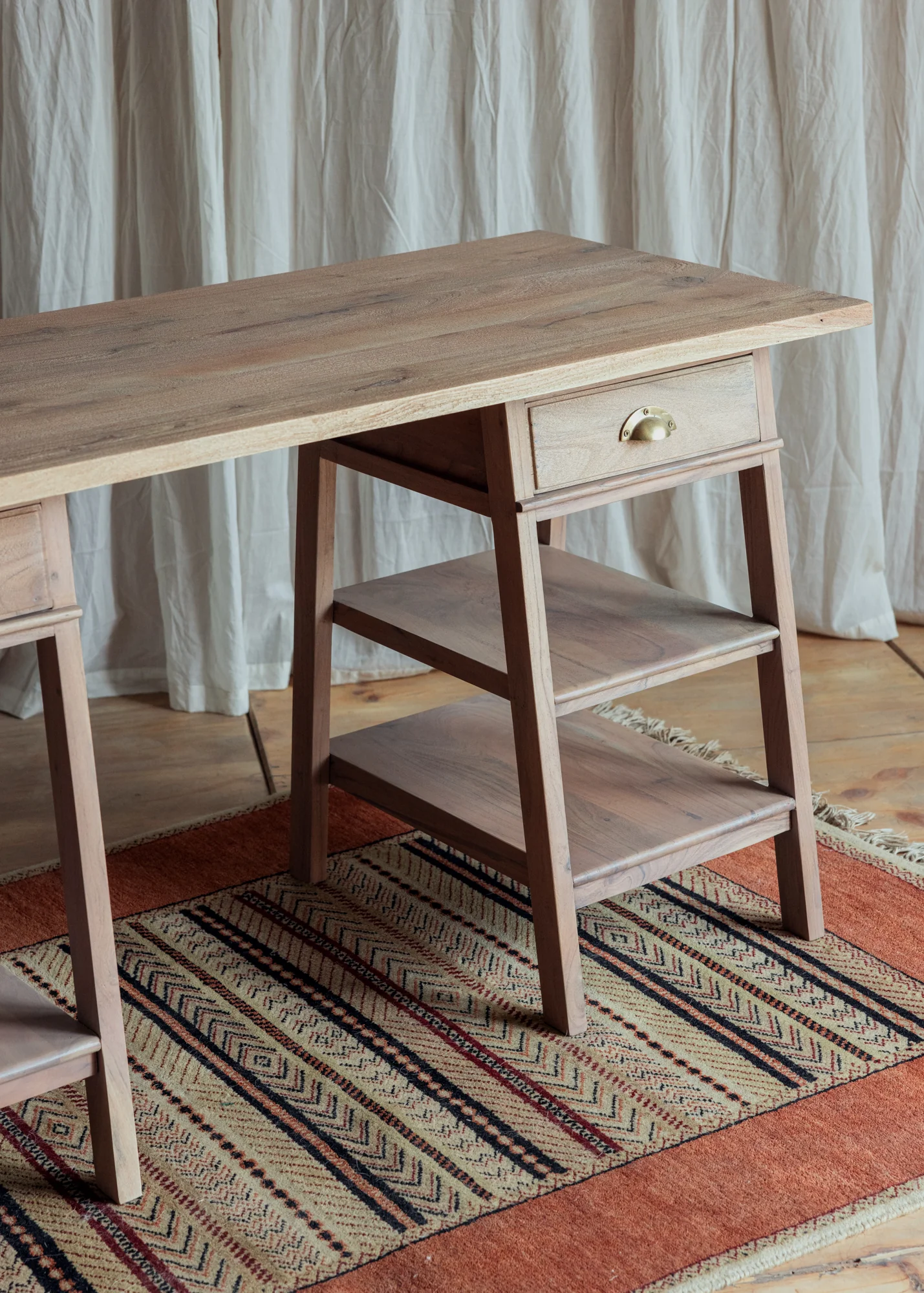 Study desk in solid teak wood with natural brown finish