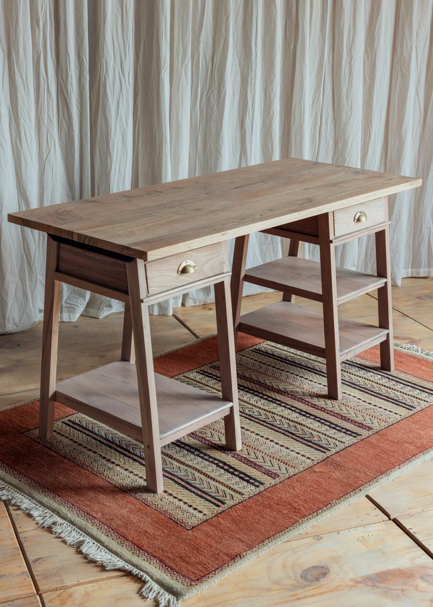 Study desk in solid teak wood with natural brown finish