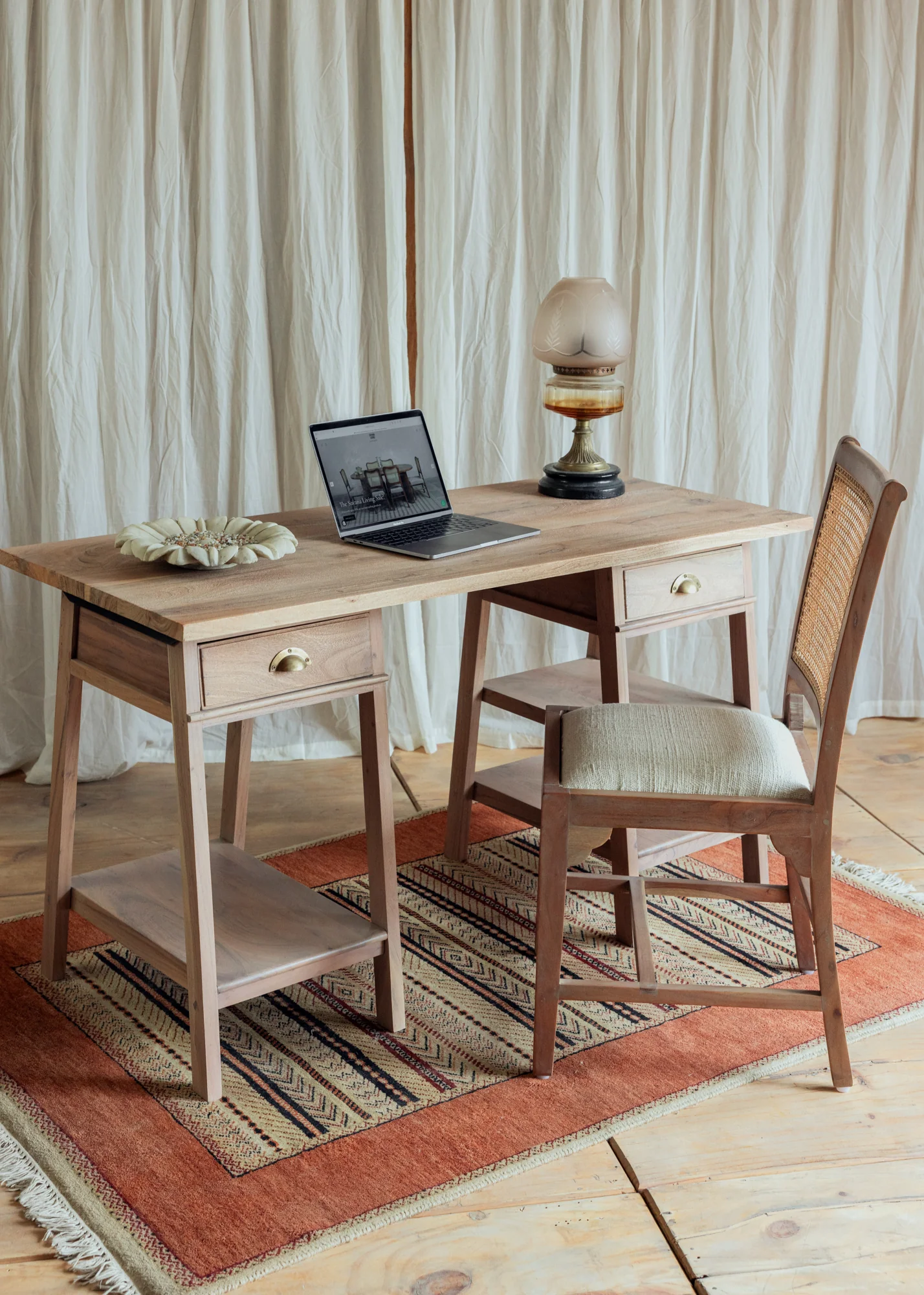 Study desk in solid teak wood with natural brown finish