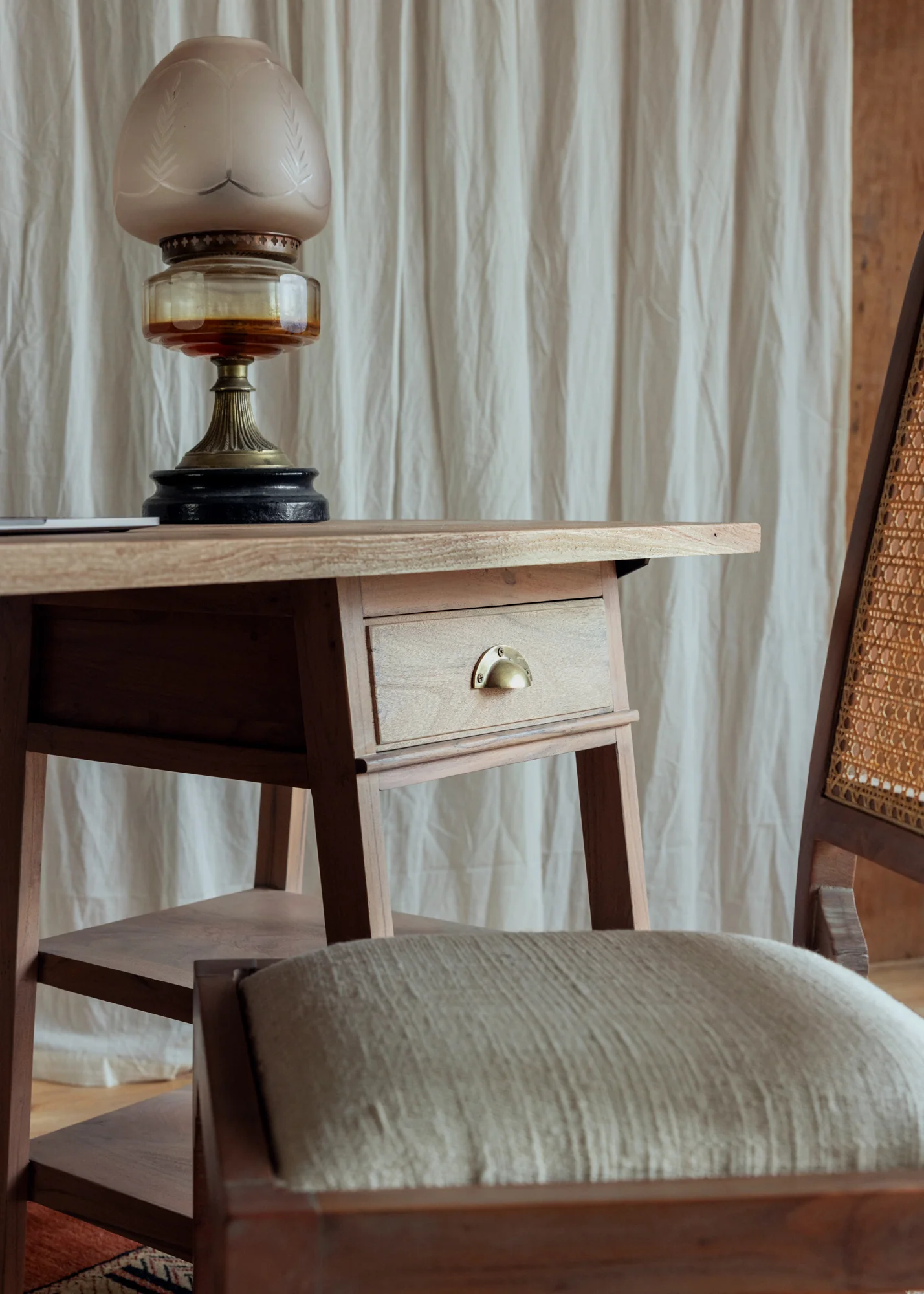Study desk in solid teak wood with natural brown finish
