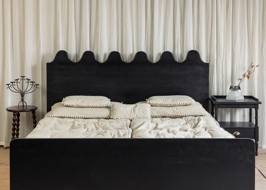 Teak wood outdoor chaise lounge with cotton canvas seat, king size