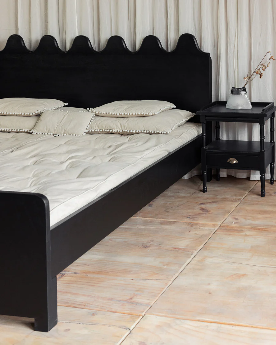 Teak wood outdoor chaise lounge with cotton canvas seat, king size